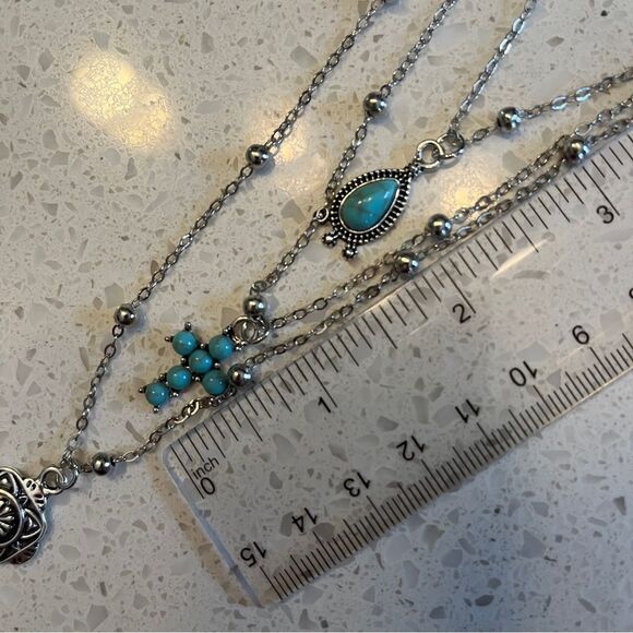 3pcs fake Turquoise cross Western Cowgirl Vintage style Chain Necklace Set - Picture 6 of 12